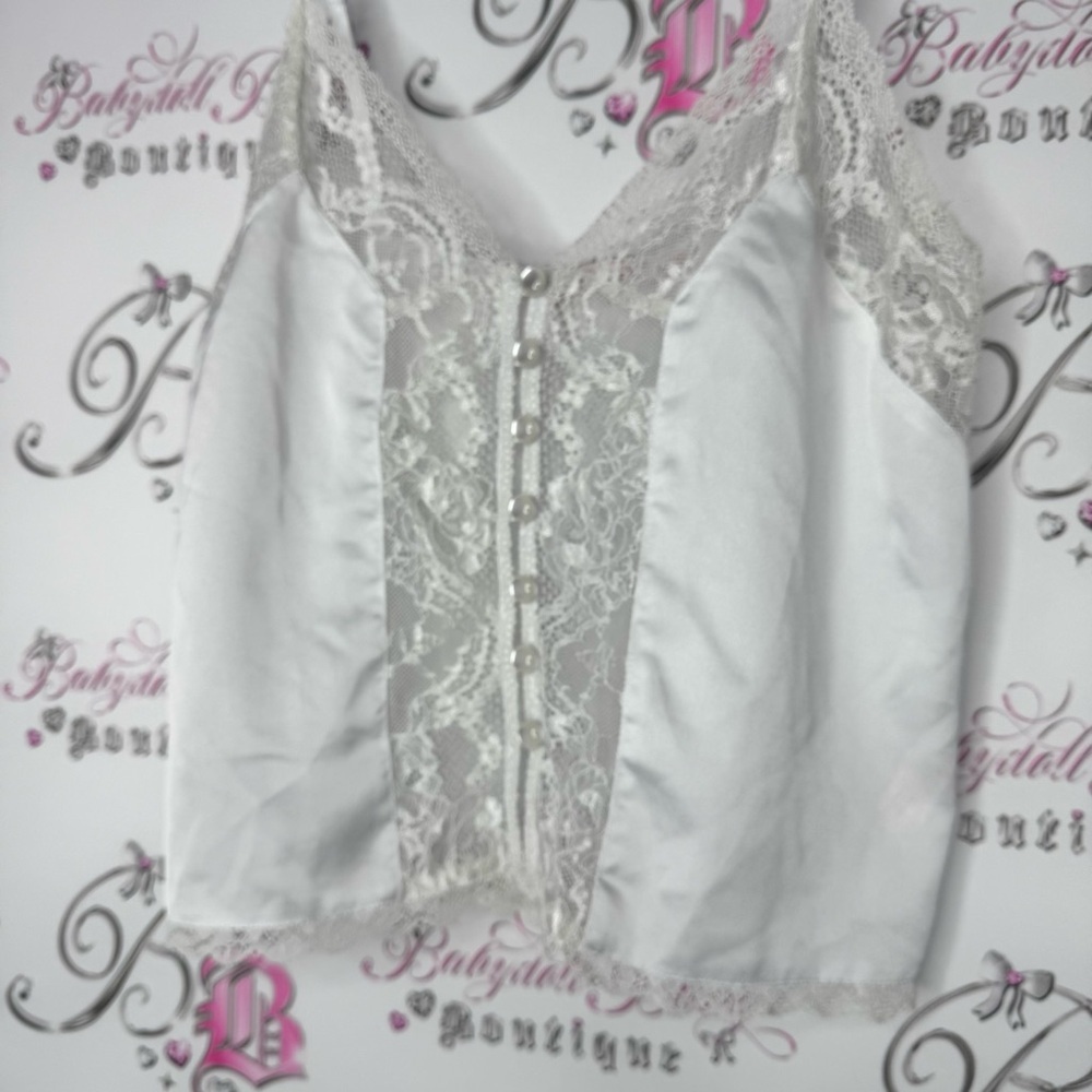 La vie en rose tank top camisole buttons shiny shimmer Lace Trim White Cami Top - Picture 10 of 12
